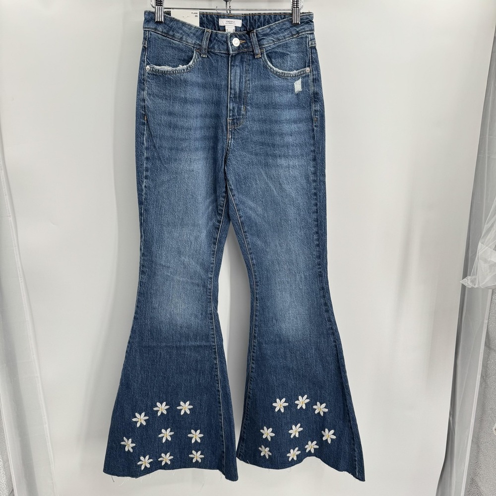 Forever 21 Jeans Womens 26 Blue Flare Embroidered‎ Daisy Raw Hem Denim Jeans